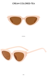 Front and side views of cream cat-eye sunglasses with tea lenses on white background