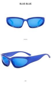 Detail view of bright blue kids' Y2K sports sunglasses with wrap-around frame