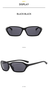 Detailed front and side views of Y2K black rectangle sunglasses with dark gray lenses