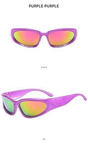 Front and side views of purple Y2K kids sports sunglasses with rainbow gradient lenses