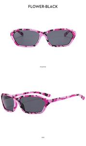 Detail view of Y2K sunglasses in FLOWER-BLACK camouflage frame with dark grey lenses