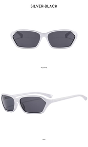 Detailed front and side view of Y2K futuristic narrow silver metal geometric sunglasses