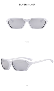Front and side view of silver Y2K sunglasses with irregular geometric frames