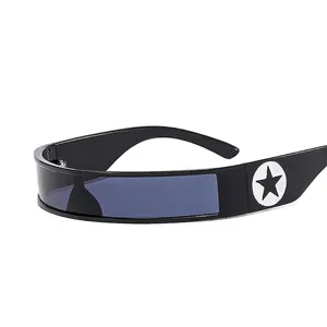 Futuristic Y2K wrap-around sunglasses in black with star detail and blue tinted lenses