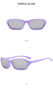Front and side views of purple frame Y2K sunglasses with silver lenses for women