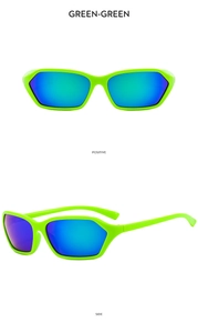 Macro view of neon green Y2K sunglasses with mirrored lenses showing front and side views
