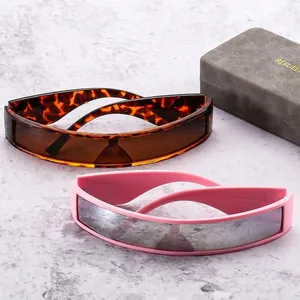Futuristic rectangular wraparound sunglasses in tortoiseshell and pink frames for Y2K style