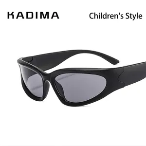 Kids Y2K sporty wraparound cycling sunglasses with black frame and dark grey UV lenses