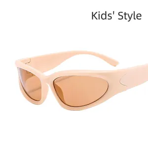 Kids Y2K sports cycling sunglasses with beige frame and brown lenses for UV protection