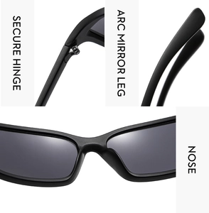 Detail view of secure hinges, ergonomic arc legs and integrated nose pads on black Y2K sunglasses