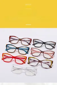 Detailed display of colorful TR90 cat-eye eyewear frames in seven stylish color combinations