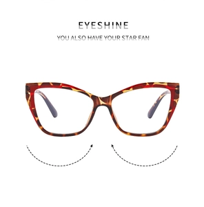 Detail of tortoise shell cat-eye glasses frame with EYESHINE logo and metal hinges