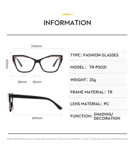 Detailed size specifications and dimensions for TR90 cat-eye anti-blue light glasses