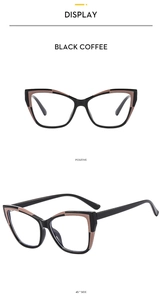 Detailed front and side views of cat-eye TR90 frames in a black coffee two-tone finish