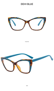 Front and side view of cat-eye glasses frame in demi blue tortoiseshell color finish
