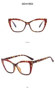 Detailed views of Demi Red cat-eye glasses frames with tortoiseshell texture and glossy finish