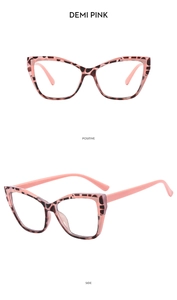 Detailed views of demi pink cat-eye glasses frame with leopard print and pink temples