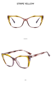 Detailed views of Stripe Yellow cat eye glasses frame with vibrant yellow contrast accents