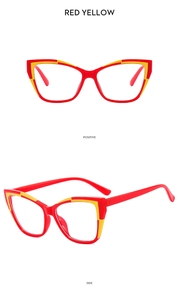 Detailed front and side views of two-tone red and yellow cat-eye TR90 eyeglasses frames