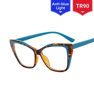 Retro cat-eye TR90 anti-blue light glasses with blue and tortoise patchwork frame