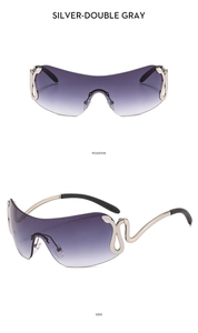 Détails de lunettes de soleil Y2K sans monture avec branches en métal argenté en forme de serpent