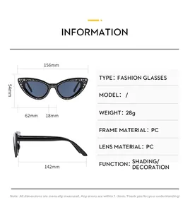 Detailed size chart for cat eye sunglasses with frame width 156mm and PC material