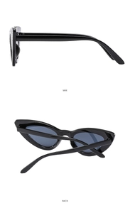 Side and back view of elegant cat eye sunglasses with glossy black frames and grey lenses