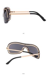 Seiten- und Rückansicht der Y2K-randlosen Sonnenbrille mit Goldrahmen und dunklen Gläsern