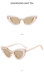 Front and side view of champagne cat-eye sunglasses with rhinestone edges and tea lenses