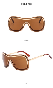 Vorder- und Seitenansicht der rahmenlosen Y2K-Sonnenbrille mit Metallbügeln in Gold-Tee