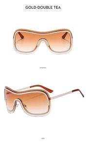 Detailansicht der goldfarbenen randlosen Y2K-Sonnenbrille mit Gläsern mit Farbverlauf