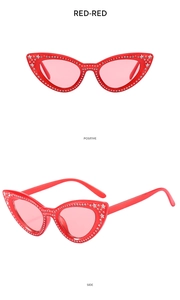 Close-up of red cat eye sunglasses with rhinestones and star rivets from two angles