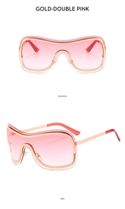 Vorder- und Seitenansicht der Y2K randlosen Sonnenbrille mit Goldrahmen und rosa Gläsern