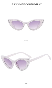 Detail of jelly white cat eye sunglasses with silver studs and purple gradient lenses