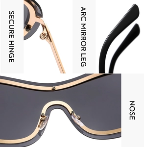 Detailansicht der randlosen Y2K-Sonnenbrille mit sicherem Scharnier und Bogenbügel-Design