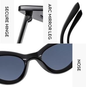 Detail of secure metal hinges and arc mirror legs on cat eye sunglasses