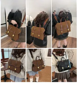 Brown and black retro dual-buckle bags shown in various styles and carrying positions