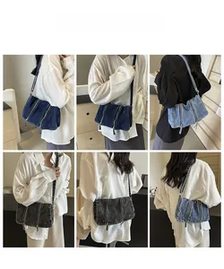 Three colors of denim crossbody bags with triple zippers shown on a model