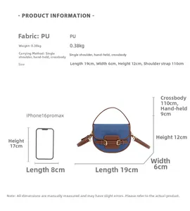 Size chart showing saddle bag dimensions of 19cm by 12cm with a phone size reference