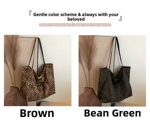 Detail view of large leopard print tote bags in brown and bean green canvas