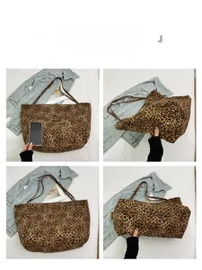Detailed views of a large leopard print canvas tote bag with dual shoulder straps