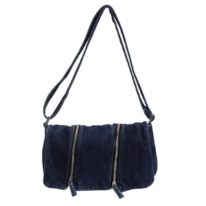 Minimalist denim shoulder bag in blue with dual zippers and adjustable strap for women
