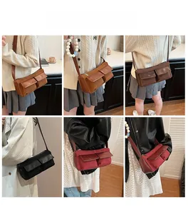 Composite view of the multi-pocket retro frosted shoulder bag in four colors on a model