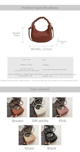 Detailed dimensions and color options for the pleated crescent handbag in PU leather