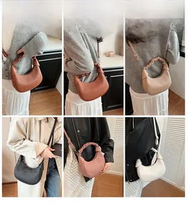 Collage of crescent bags in six colors showing versatile styling and pleated texture