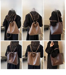 Detail shots of deep brown leather tote bag showing versatile shoulder and hand carry styles