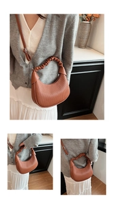 Three-way view of caramel brown pleated crescent bag with cloud handle and silver hardware