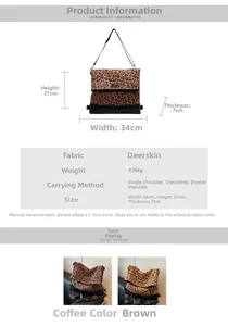 Detailed size chart for leopard print suede bag showing 34x31x7 cm dimensions