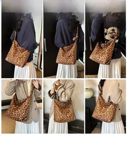 Multiple views of a large leopard print canvas hobo bag worn as a shoulder and crossbody bag