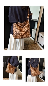 Three-way view of a large leopard print canvas tote bag with soft shoulder strap